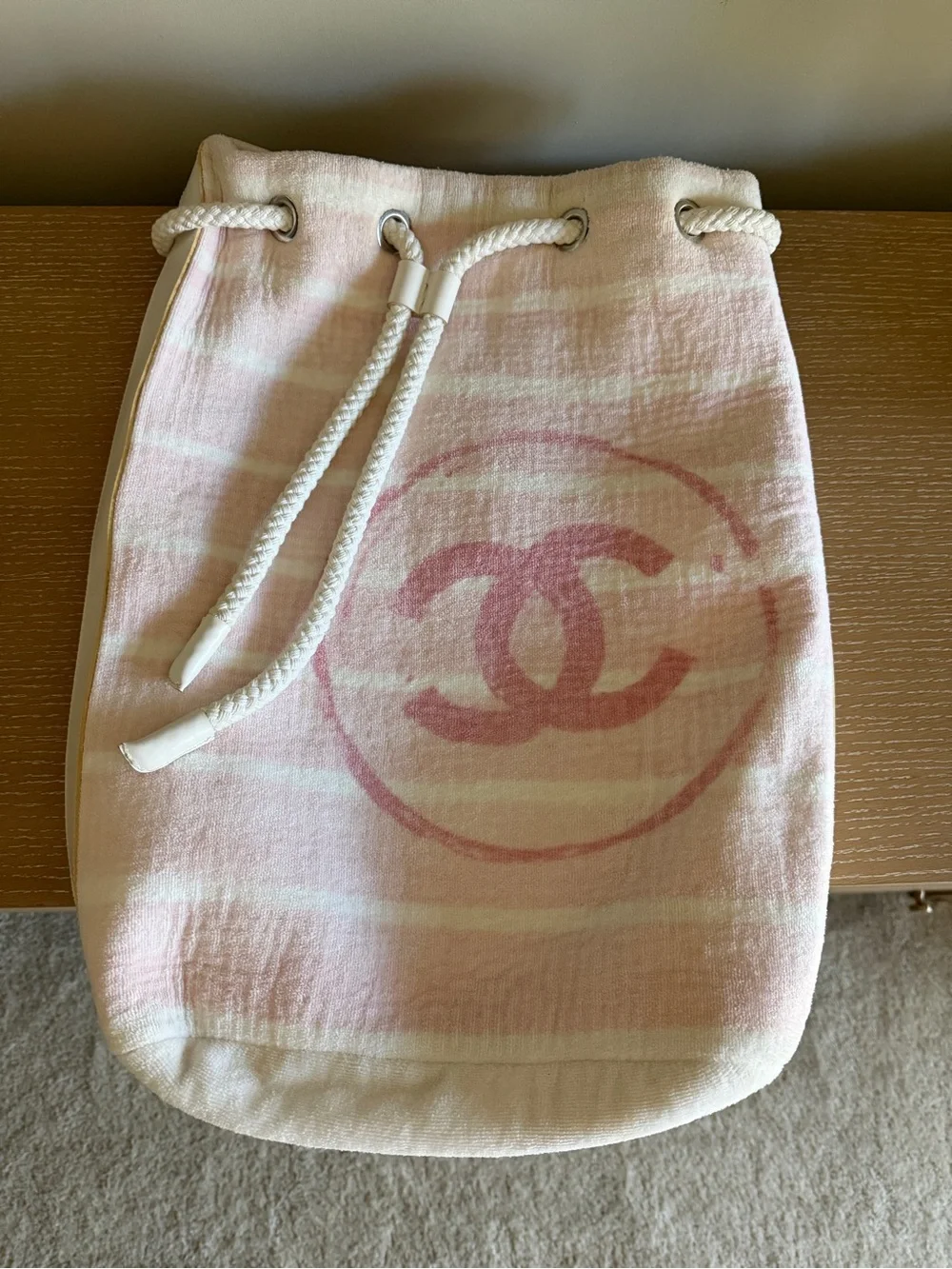 CHANEL Pink and Cream Terry Cloth Backpack Tote